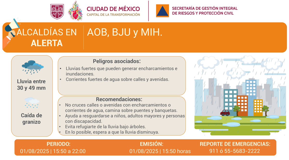 LopezCasarinJ's tweet image. Se activa *Alerta Naranja* por intensificación de *lluvias fuertes y posible caída de granizo* para la tarde y noche del viernes *01/08/2025* en Álvaro Obregón.