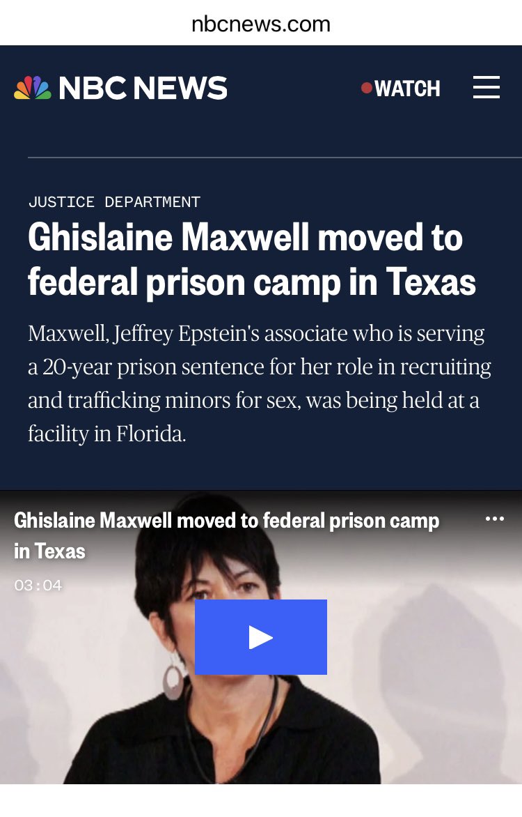 Thai Zombie (@tomstraw01) on Twitter photo Our President has moved Ghislaine Maxwell to a country club prison in Texas which is against the terms of her imprisonment. nbcnews.com/politics/justi… Ghislaine Maxwell moved to federal prison camp in Texas Our President has moved Ghislaine Maxwell to a country club prison in Texas which is against the terms of her imprisonment. nbcnews.com/politics/justi… Ghislaine Maxwell moved to federal prison camp in Texas