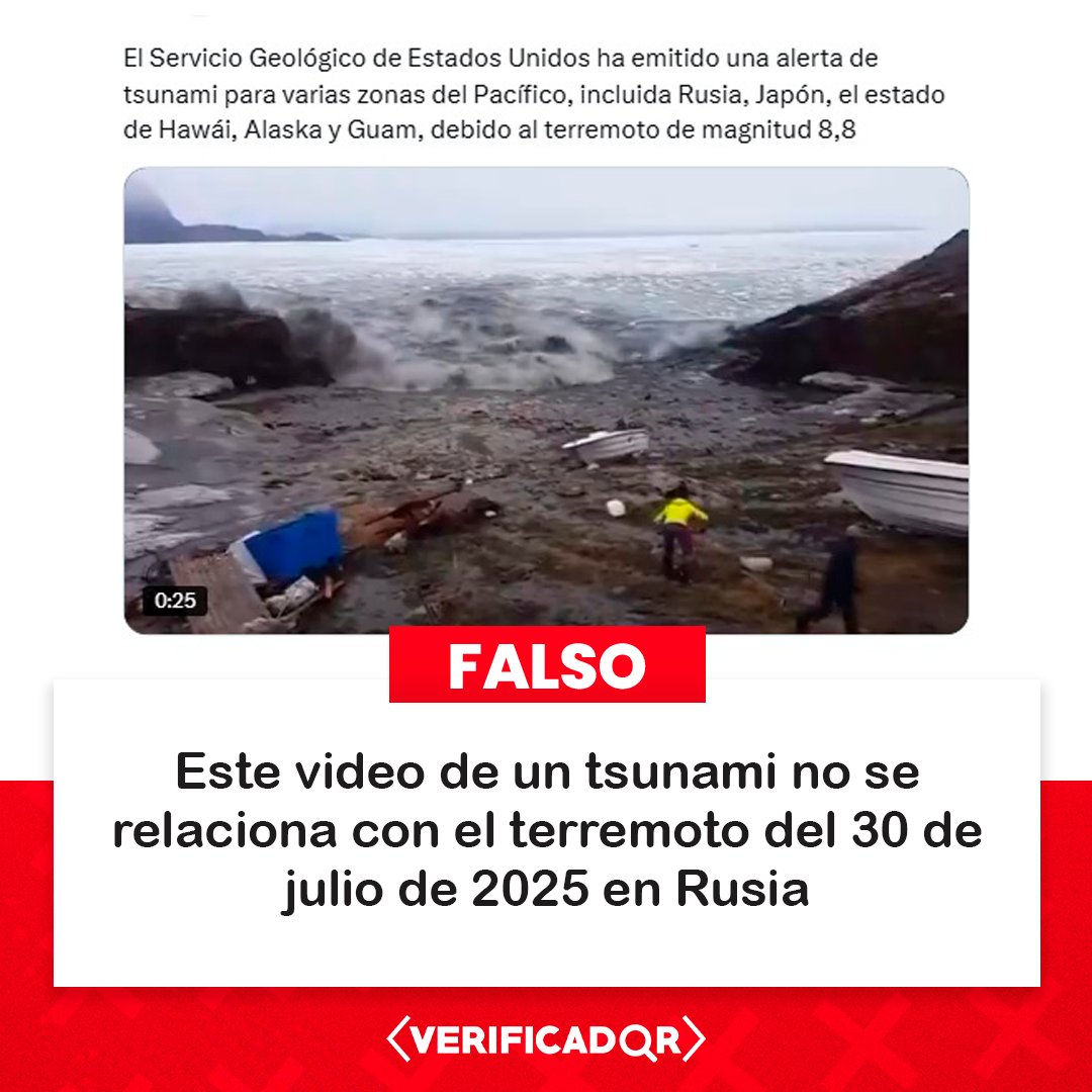 ❌ Se viralizó en redes sociales un video que muestra un tsunami supuestamente ocurrido tras el reciente sismo de 8,8 grados en el este de Rusia. Sin embargo, fue grabado realmente en 2017 y tuvo lugar en Groenlandia.

👉 Nota completa: bit.ly/tsunami-kamcha…