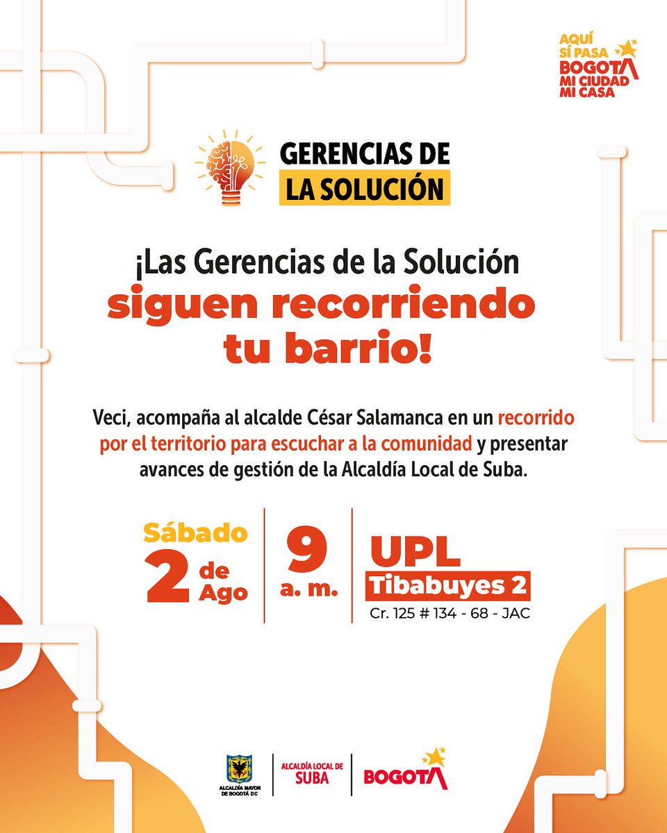 ¡Veci, las Gerencias de la Solución siguen recorriendo tu barrio!

Este sábado 2 de agosto a las 9:00 a. m. acompaña al alcalde <a href="/cesarsalamancaR/">César Salamanca Bogotá</a> en la UPL Tibabuyes 2 para conocer los avances de gestión y ser parte de las soluciones que necesita nuestra comunidad.
