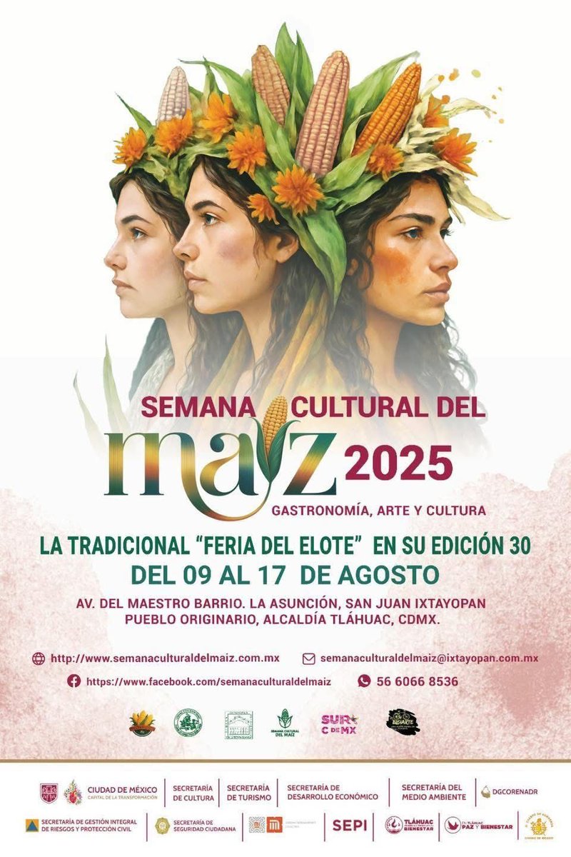 🌽✨Del 9 al 17 de agosto, lánzate a la Feria del Elote en San Juan Ixtayopan, Tláhuac.

🎶🌮🎭Ven con tu familia, disfruta de sabores únicos y sé parte de una de esta fiesta llena de tradición en el #SueloDeConservación.

📍 San Juan Ixtayopan, Tláhuac