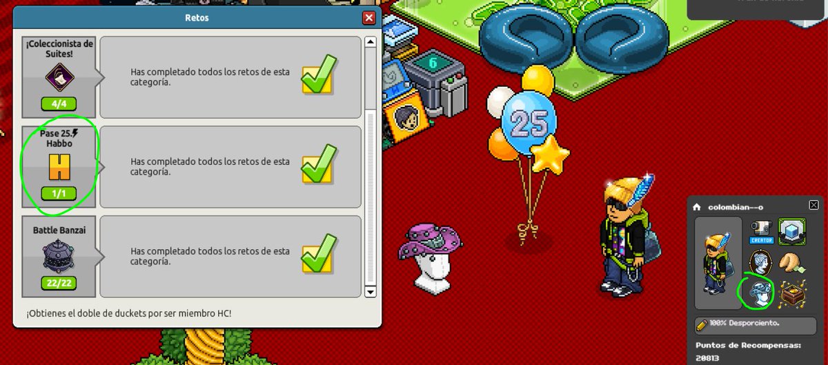 Reto del Pase de Cumpleaños:

Habbo lanzó un pase de cumpleaños en la pagina web, al comprar este pack recibirás 3 cosas:
-Sombrero Vaquero H 🤠
-Placa Pase 25⚡️ cumpleaños
-Una habilidad

Esta habilidad es que al tener la placa activas el reto
🧵1/2
#Habbo25