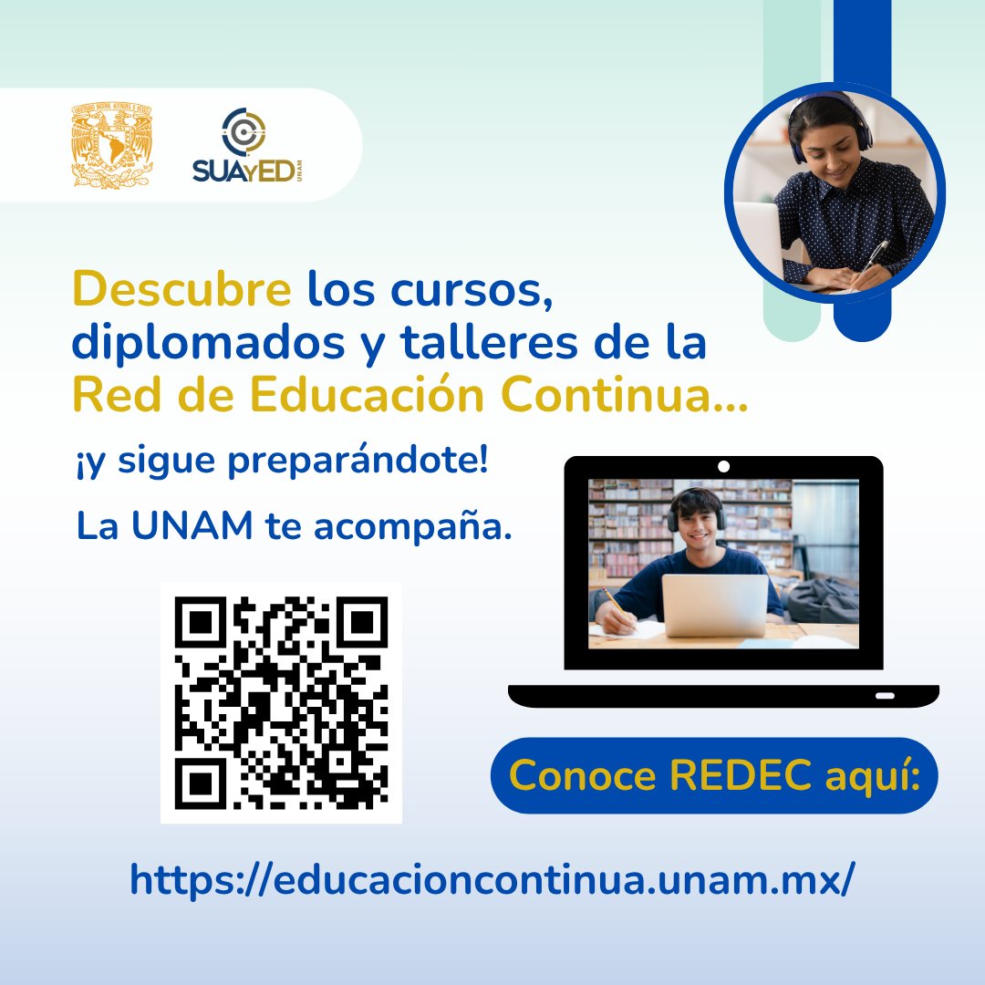 SUAyED (@suayed_unam) on Twitter photo 💻 Comunidad #SUAyED:
¿Ya conoces la Red de Educación Continua de la #UNAM?
🎓 Más de 9 mil diplomados, cursos y talleres para complementar tu formación o aprender algo nuevo.
Descúbrela aquí 👉 educacioncontinua.unam.mx
#EducaciónContinua #EducaciónParaTodos 💻 Comunidad #SUAyED:
¿Ya conoces la Red de Educación Continua de la #UNAM?
🎓 Más de 9 mil diplomados, cursos y talleres para complementar tu formación o aprender algo nuevo.
Descúbrela aquí 👉 educacioncontinua.unam.mx
#EducaciónContinua #EducaciónParaTodos