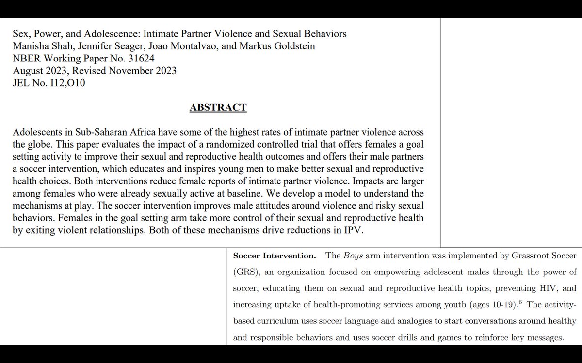 David Evans (@daveevansphd) on Twitter photo A life skills / soccer playing intervention among boys and a goal setting intervention among girls each reduce girls' reports of intimate partner violence. manishashah.net/wp-content/upl… <a href="/Manisha_econ/">Manisha Shah</a> presenting evidence from Tanzania at #LACDEV2025 A life skills / soccer playing intervention among boys and a goal setting intervention among girls each reduce girls' reports of intimate partner violence. manishashah.net/wp-content/upl… <a href="/Manisha_econ/">Manisha Shah</a> presenting evidence from Tanzania at #LACDEV2025