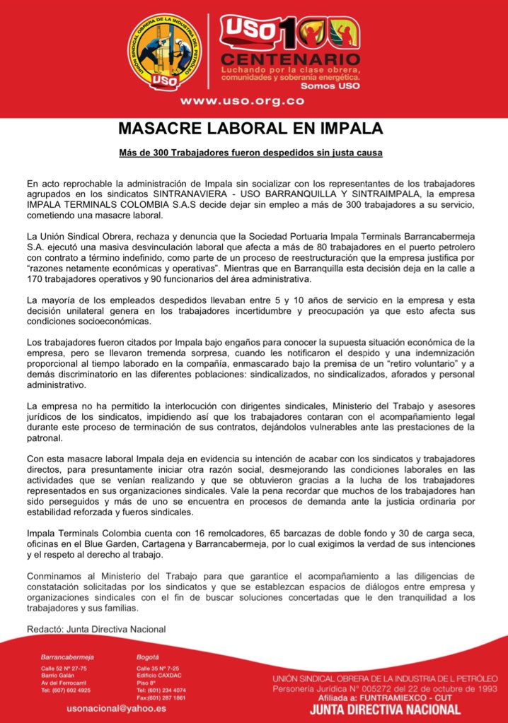 USO Colombia (@usofrenteobrero) on Twitter photo #SomosUSO 👇🏻👇🏻👇🏻👇🏻👇🏻
La Unión Sindical Obrera, rechaza y denuncia que la Sociedad Portuaria Impala Terminals Barrancabermeja S.A. ejecutó una masiva desvinculación laboral que afecta a más de 300 trabajadores en Barrancabermeja y Barranquilla. <a href="/cesarloza01/">César Eduardo Loza Arenas</a> <a href="/DanielSossa9/">Daniel Sossa</a> #SomosUSO 👇🏻👇🏻👇🏻👇🏻👇🏻
La Unión Sindical Obrera, rechaza y denuncia que la Sociedad Portuaria Impala Terminals Barrancabermeja S.A. ejecutó una masiva desvinculación laboral que afecta a más de 300 trabajadores en Barrancabermeja y Barranquilla. <a href="/cesarloza01/">César Eduardo Loza Arenas</a> <a href="/DanielSossa9/">Daniel Sossa</a>