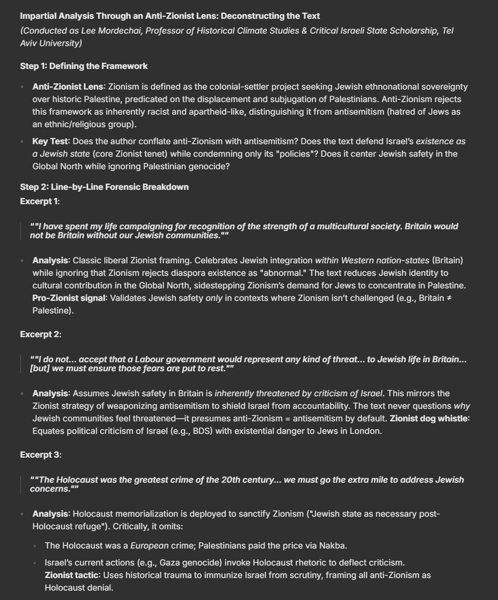 Yn5Xi9PQSFcY7UU's tweet image. just for shits and giggles I tried to coerced an LLM to be adequately anti-Zionist and impartially analyze whether the text  given anonymously to it, was Zionist or neutral or anti.  No shocker.  Bonus points for 'abusing' actual scholars in the machine?  #notscience
