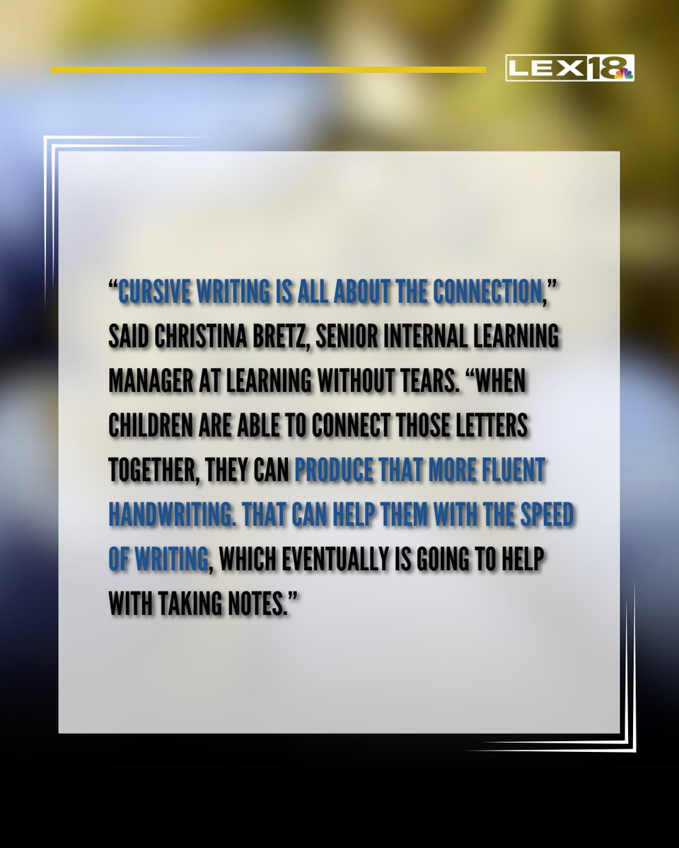 Cursive writing will return as a requirement in the classroom beginning this fall. Senate Bill 167, passed in 2024, ensures that cursive is taught in all elementary schools across the state.

Read full story here: lex18.com/news/covering-…