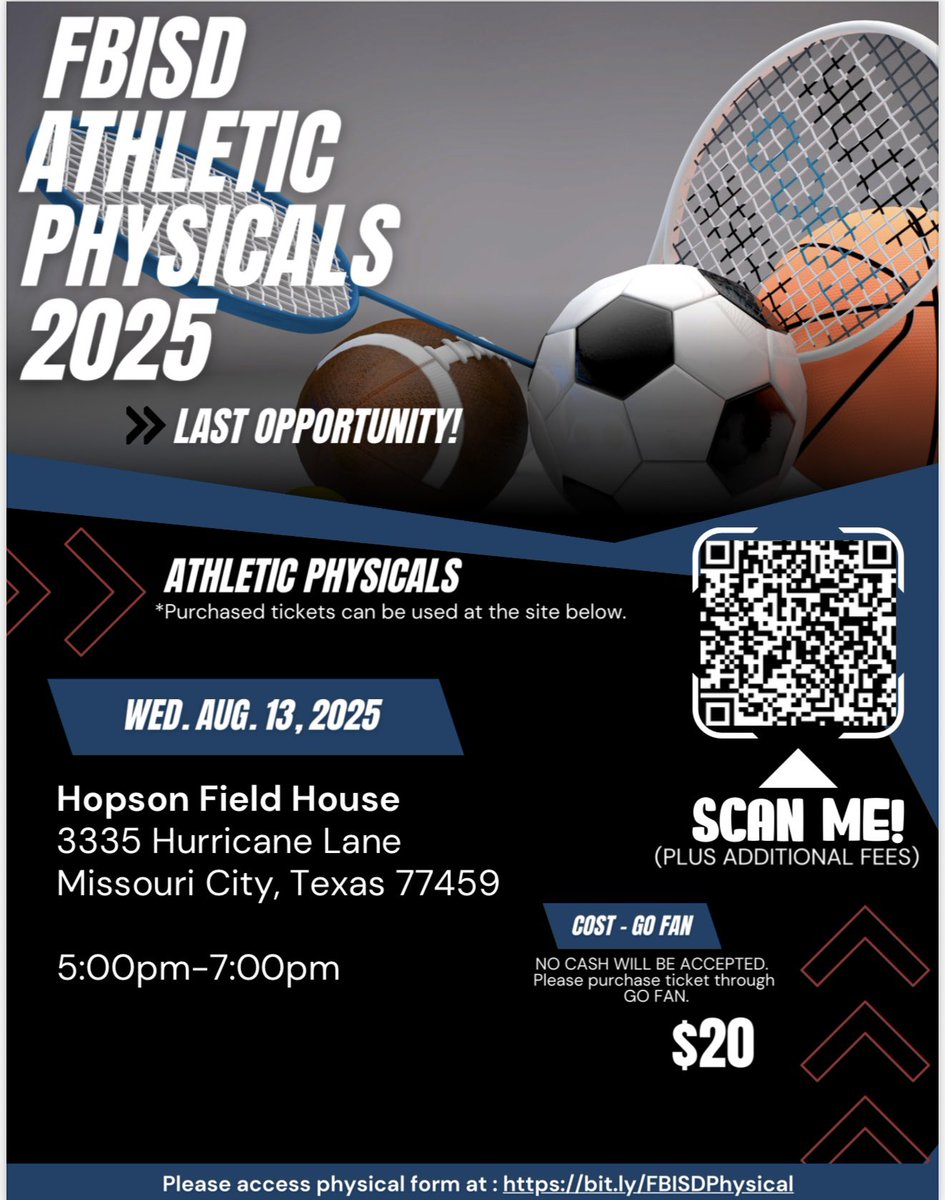 Student Athletes this is the last opportunity to get your physical with FBISD!