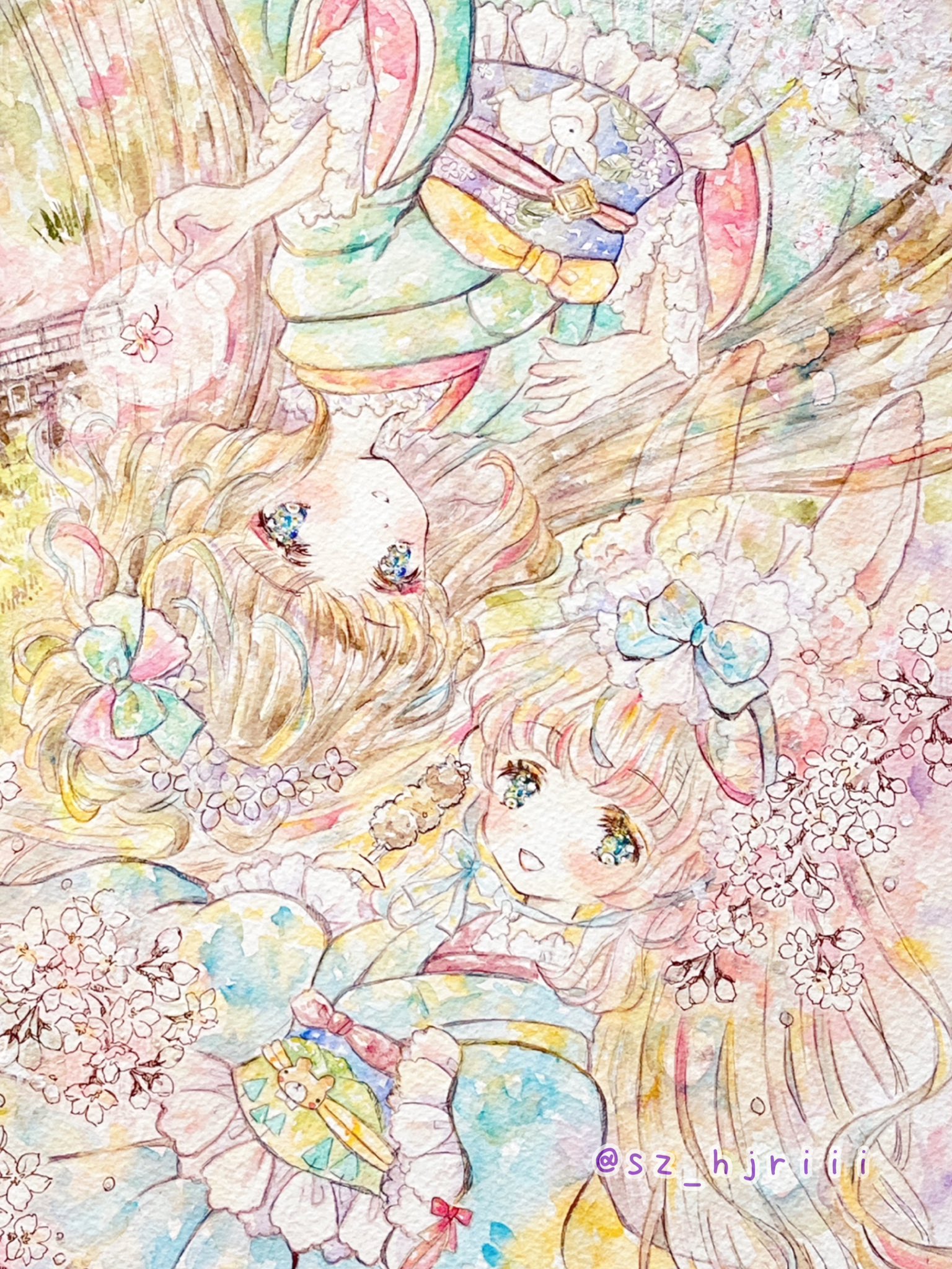 アニメ聖地巡礼絵画⑤ 君の名は　水彩画＋塗り絵用2枚　額縁25㎝×34㎝　背景画 晴れた日はお庭でピクニックを🧺🥪✨ #watercolor #透明水彩