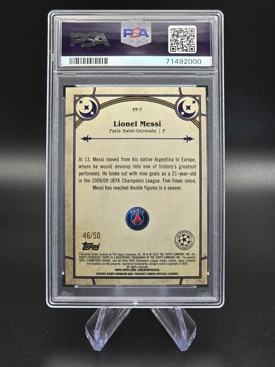 refscollectible's tweet photo. 2021-22 Topps Merlin UEFA #PF7 Lionel Messi “Prophecy Fulfilled” Gold /50. A rare PSA 10 parallel celebrating the prophecy realized: Messi among the very best of the best.

#Messi #ProphecyFulfilled #GoldRefractor #PSA10 #ToppsMerlin #ChampionsLeague #Soccer #GOAT #BallonDor https://t.co/owBKYJKPvi