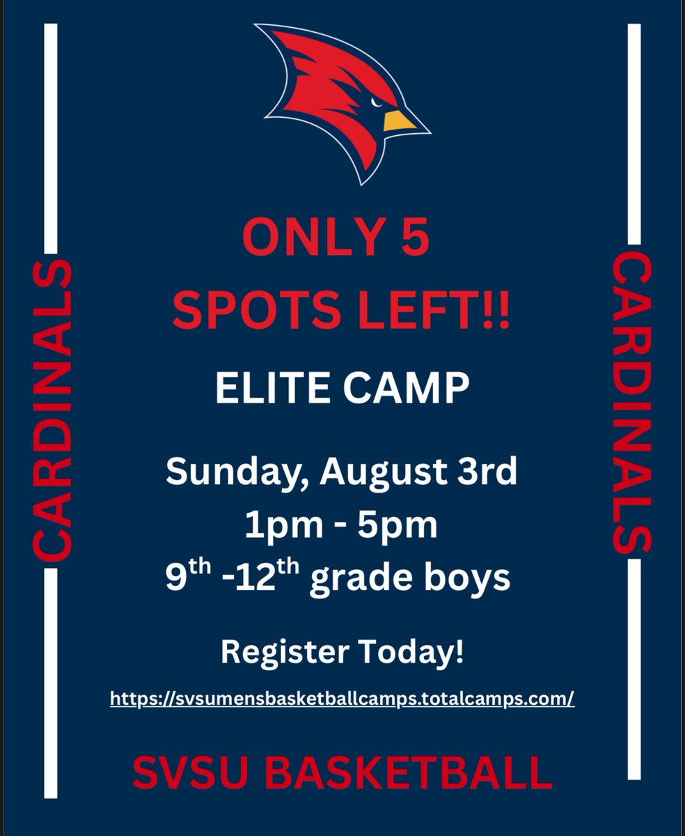 🚨Only 5 Spots Left!🚨

Register to secure these last few spots!

Evaluated by SVSU Coaching Staff an other colleges in MI!

svsumensbasketballcamps.totalcamps.com/shop/product/4…