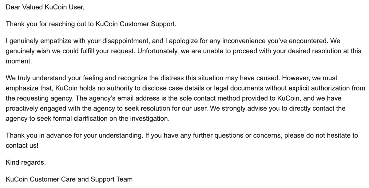 GoetDgn's tweet photo. @KuCoinMod 3 months of silence and copy-paste replies from @KuCoinMod .
My funds are blocked with no explanation, no documents, no answers — just the same message over and over.
The "agency" they refer me to? Doesn’t reply at all.
Ticket #4645390
Is this what you call customer support? https://t.co/Xm0jphHBSP