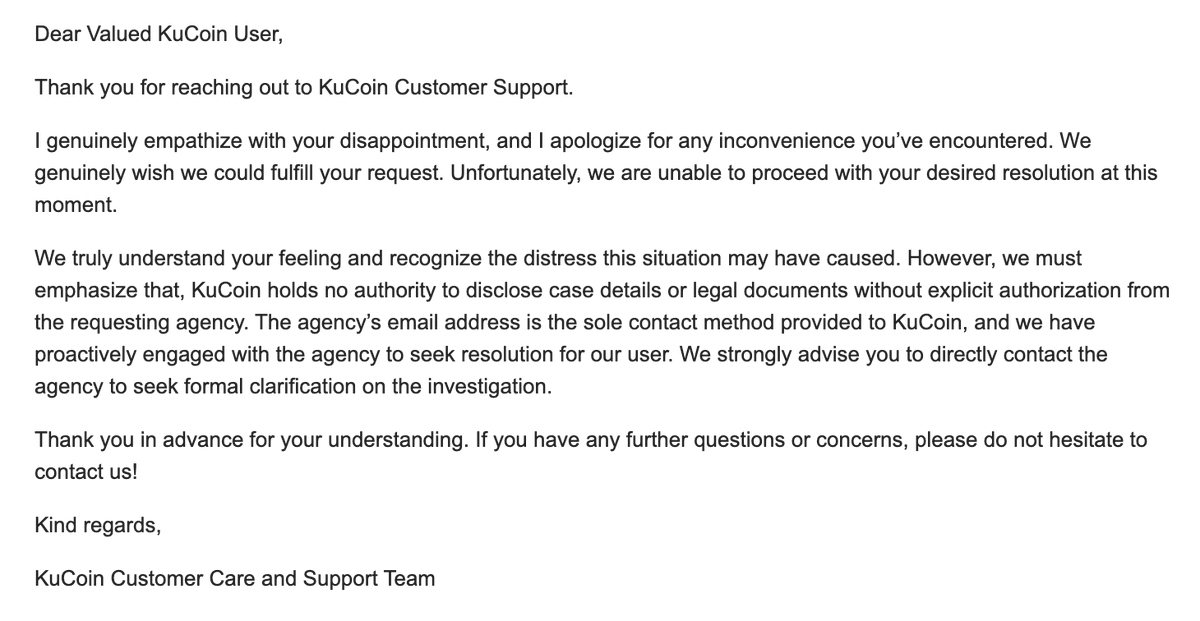 GoetDgn's tweet photo. @kucoincom @BC_KuCoin 3 months of silence and copy-paste replies from @kucoincom.
My funds are blocked with no explanation, no documents, no answers — just the same message over and over.
The "agency" they refer me to? Doesn’t reply at all.
Ticket #4645390
Is this what you call customer support? https://t.co/95jfvoZ5Vw