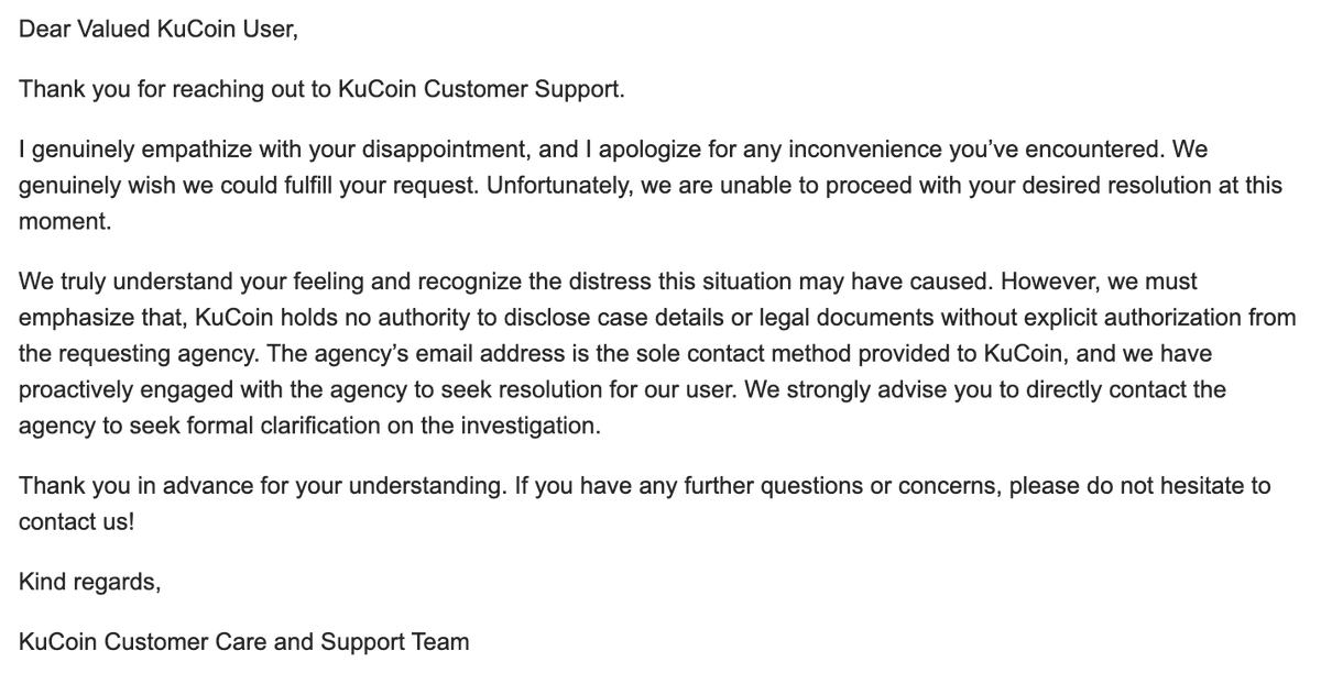 GoetDgn's tweet photo. @aikaka999 3 months of silence and copy-paste replies from @kucoincom.
My funds are blocked with no explanation, no documents, no answers — just the same message over and over.
The "agency" they refer me to? Doesn’t reply at all.
Ticket #4645390
Is this what you call customer support? https://t.co/CTtXrVcQQY