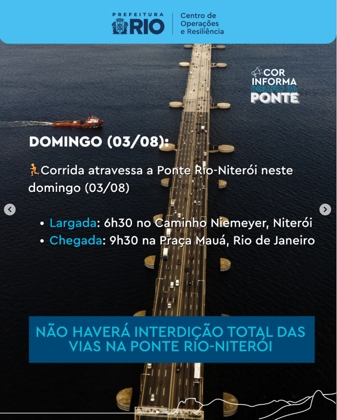 🚧🏃‍♂️DESAFIO DA PONTE: INTERDIÇÕES E MUDANÇAS NO TRÂNSITO NESTE DOMINGO (03/08)

A tradicional corrida entre Niterói e o Rio está de volta e vai reunir 5 mil atletas cruzando a Ponte Rio-Niterói!  Para garantir a segurança viária, vias em Niterói e no Centro do Rio terão bloqueios