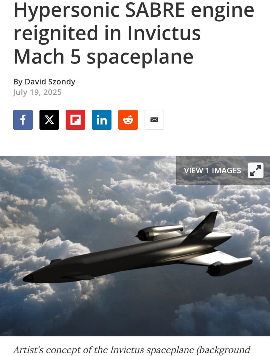 SSTO (single-stage-to-orbit) aka spaceplanes might be the hardware breakthrough of the 21st c.

One modular solution that could cannibalise airliners, SpaceX and anything between Mach 0.6 - 25.

Exciting that Reaction Engine's SABRE tech is kept going by a new consortium.