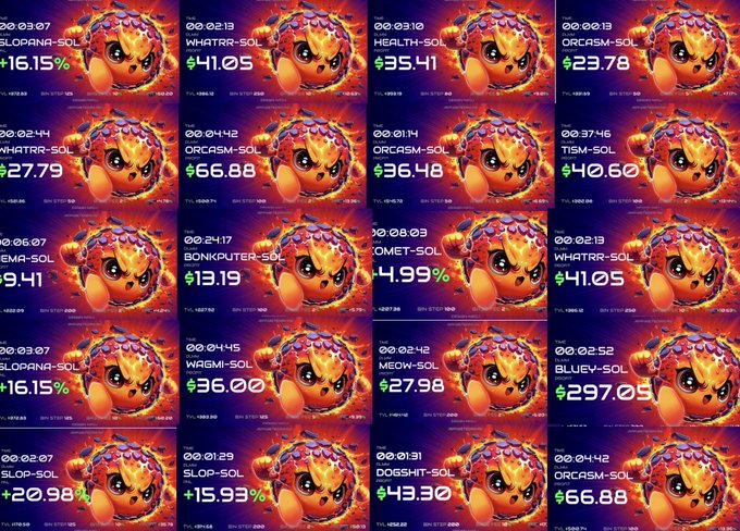 Meteora DLMM profit screenshots showing various meme token trades with profits in SOL and USD