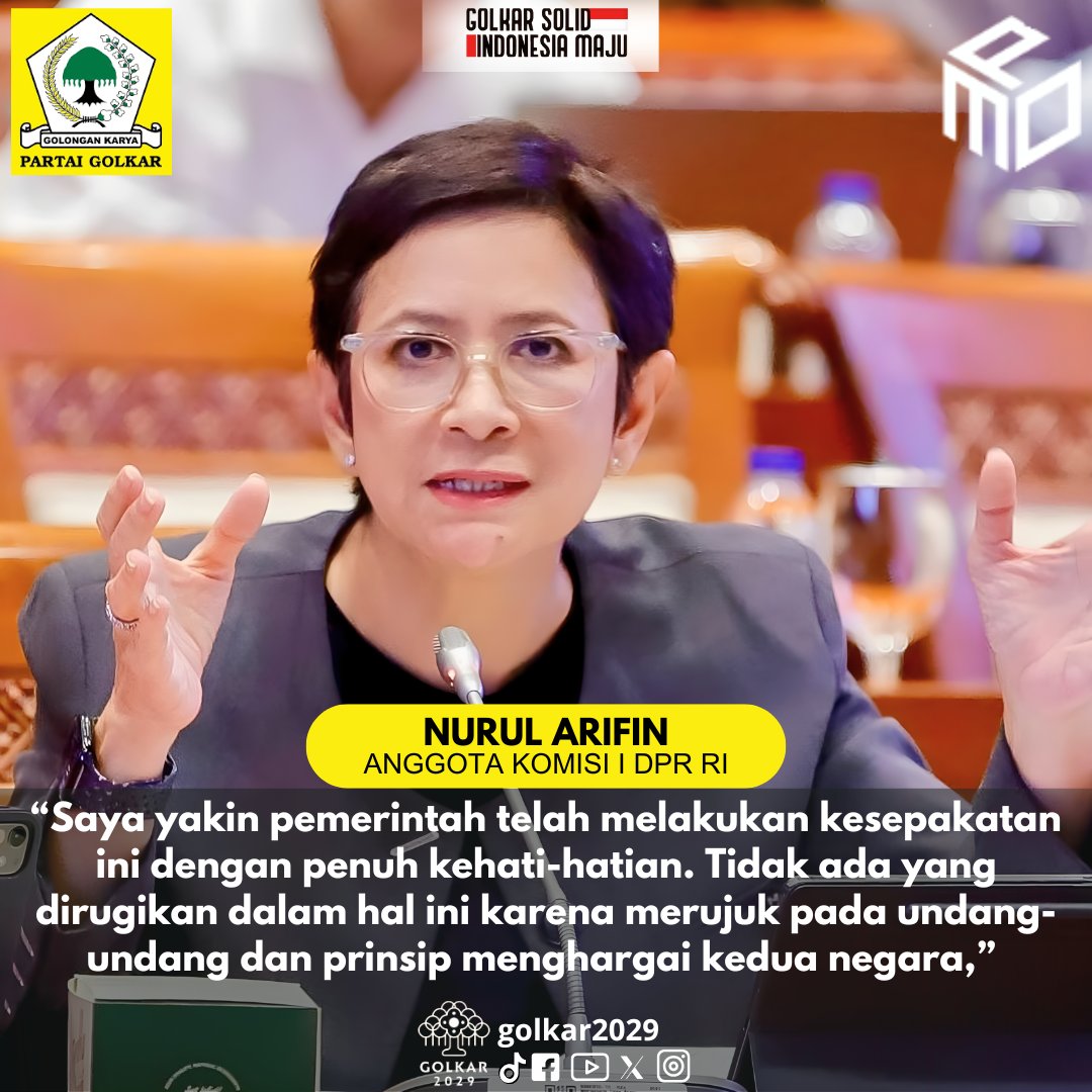 Golkar2029's tweet photo. “Saya yakin pemerintah telah melakukan kesepakatan ini dengan penuh kehati-hatian. Tidak ada yang dirugikan dalam hal ini karena merujuk pada undang-undang dan prinsip menghargai kedua negara,” 

Anggota Komisi I DPR RI, Nurul Arifin 
#partaigolkar #bahlillahadalia #mpogolkar https://t.co/tcmopp9EUl