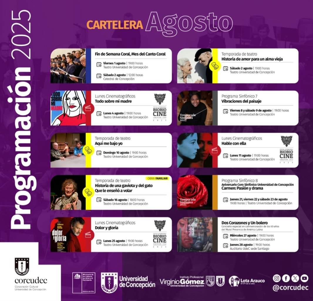 📣  !No te lo puedes perder!  🎺🎸🎭 

📌  Cartelera de agosto en #TeatroUdeC  🪇