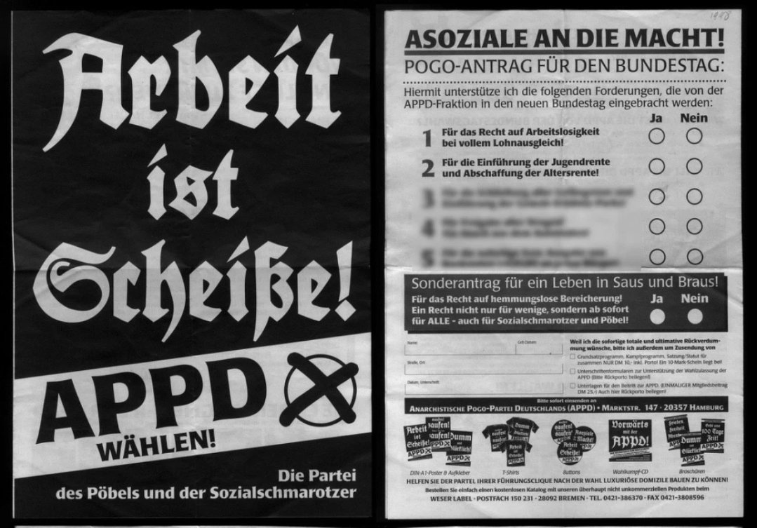 Deutschland_77's tweet photo. Wer kennt noch die #APPD?: Die "ANARCHISTISCHE POGO-PARTEI DEUTSCHLANDS".

"Arbeit ist Scheiße!", Flyer 1998 https://t.co/HX2GtpxrUS