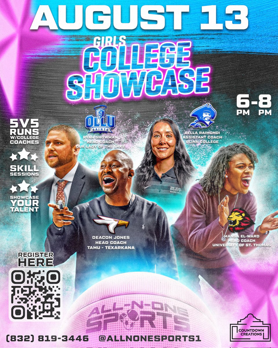 🔥🔥 THE COACHES ARE SET 🔥🔥

🌟Girls College Showcase🌟

August 13th @ 6pm
📍Houston, TX

Register: bit.ly/Aug13Camp_Girls

✅️ High School Prospects &amp; Transfers

College Programs Representing⬇️

🏀 University of St. Thomas <a href="/CoachEL_/">Mansa El</a>  &amp; <a href="/USTWBB/">UST Women's Basketball</a> 

🏀 Blinn JUCO <a href="/BelRaimondi/">Bela Raimondi</a> &amp;