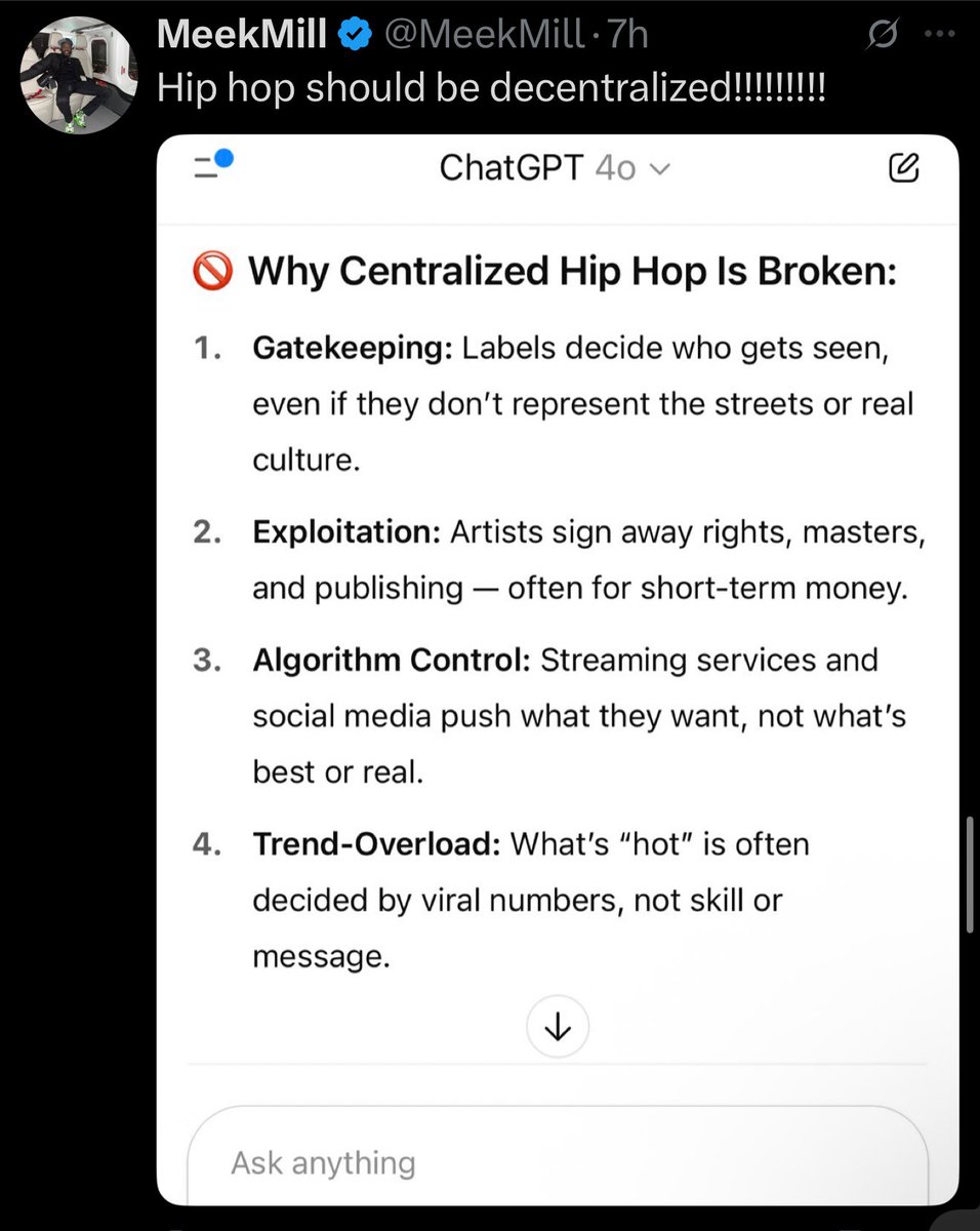 Meek mill says hiphop needs to be decentralised like the blockchain