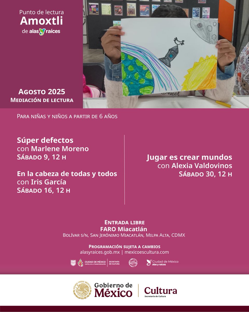 📚 En los #PuntosDeLectura CDMX, leer es crear, imaginar y compartir.
🎨✨ Checa la cartelera de actividades:
🔗 alasyraices.gob.mx/cartelera.php