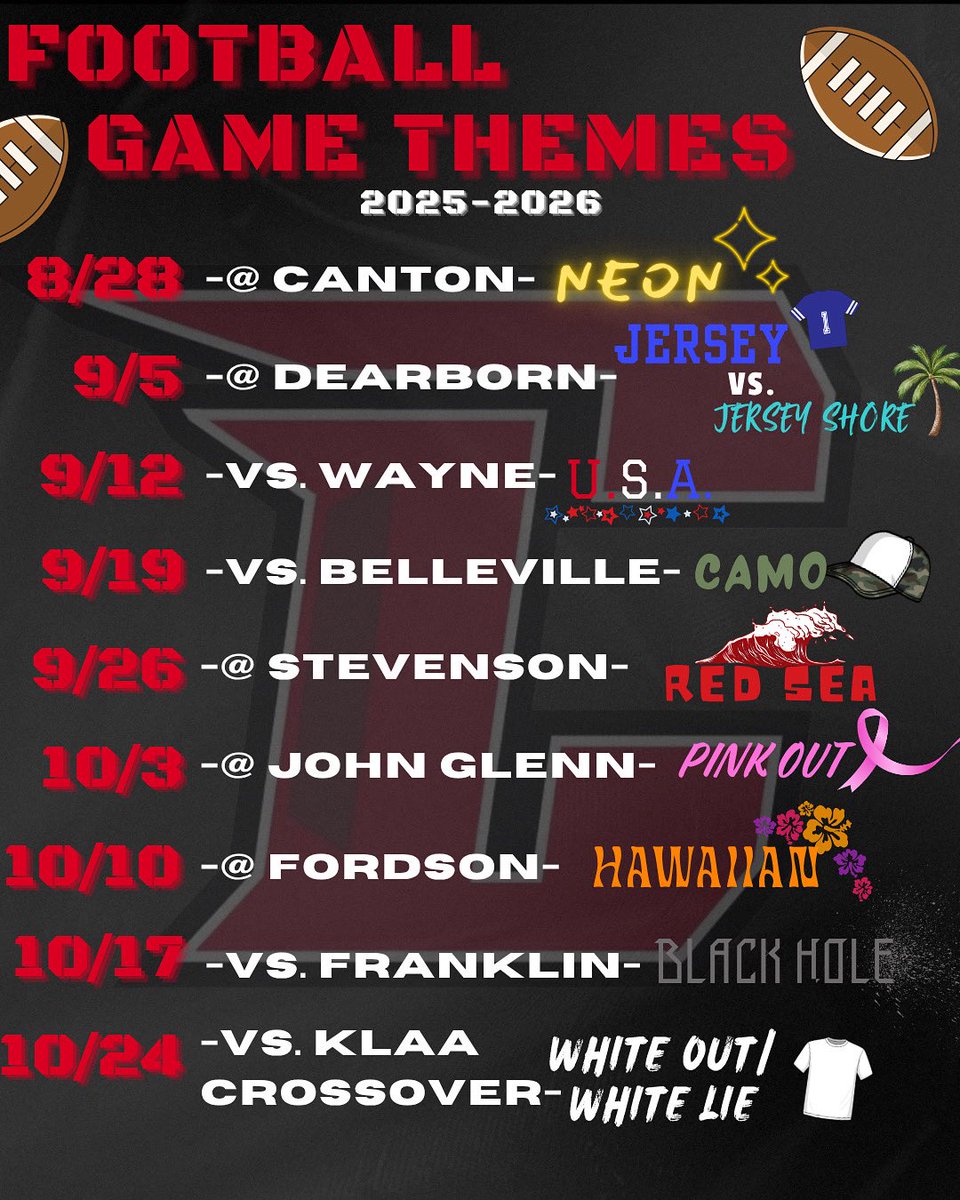 As football games start in less than a month, here are the themes! Show up, show out, and BE LOUD!! GO CHARGERS! #cts 🛡️