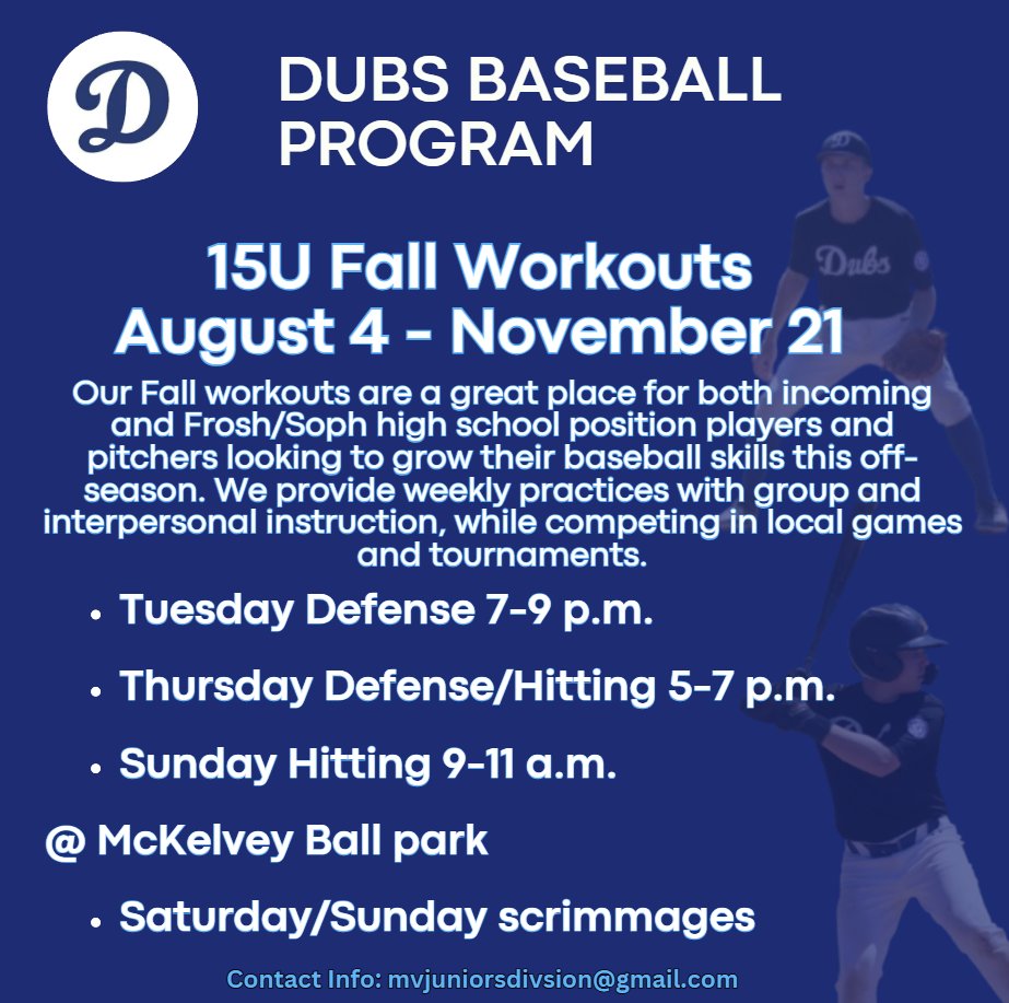 dubsbaseball_'s tweet photo. Our 15U fall workouts are a great place for incoming and Frosh/Soph HS players looking to grow their baseball skills this off-season.

If your interested please reach out to this email. (mvjuniorsdivision@gmail.com)

#dubsbaseball #bayareabaseball #youthbaseball #hsbaseball https://t.co/gFvNYztzAF