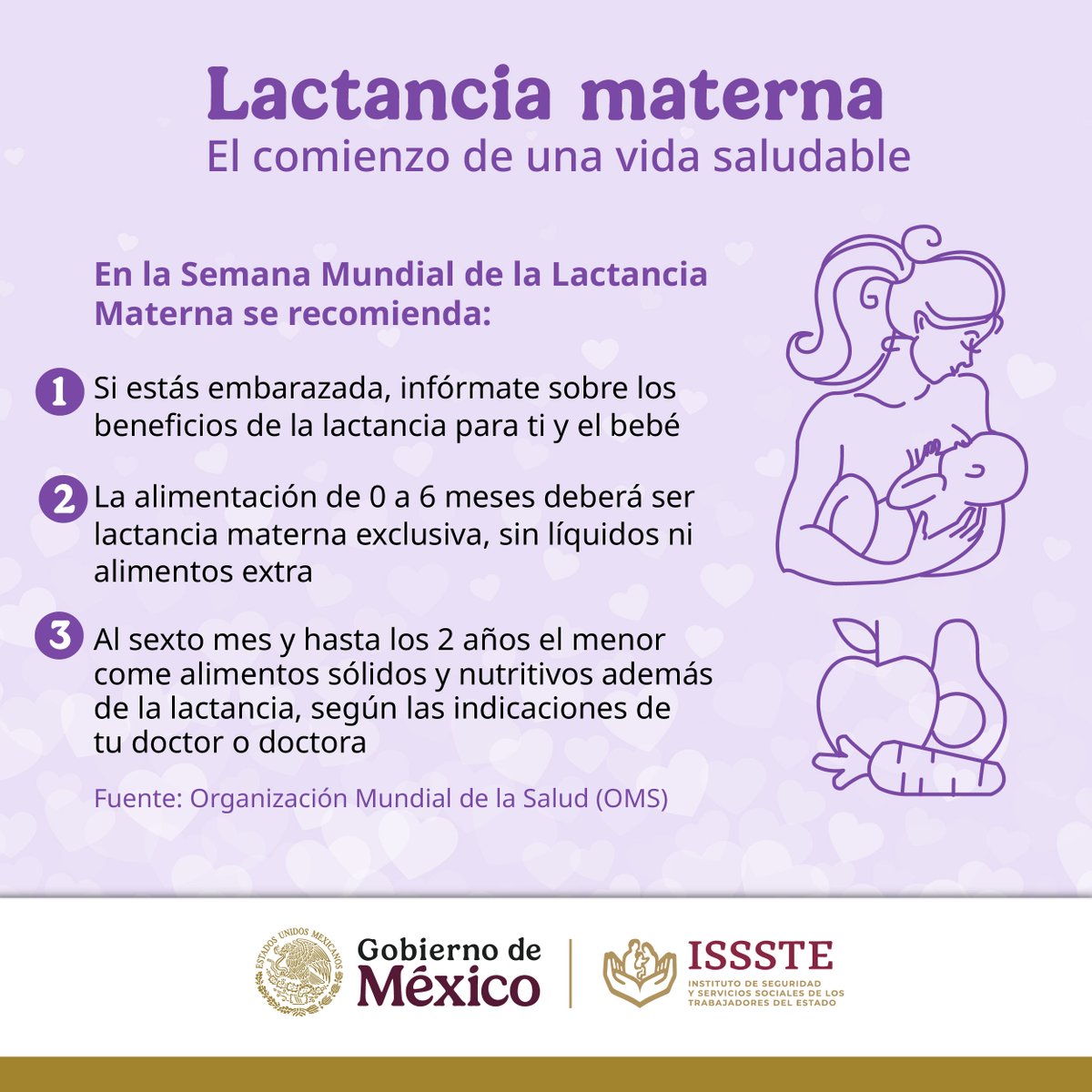 ISSSTE_mx's tweet photo. #ProgramasDeEquidad | 🍼 ¡Más que alimento, es amor en cada gota! 💖

👩🏻‍🍼 En la Semana Mundial de la #LactanciaMaterna celebramos el acto natural de alimentar a tu bebé con leche directamente del pecho. ✨ Una acción simple, pero con beneficios enormes. 👇

 👶🏻 Refuerza su sistema inmune
 🧠 Favorece el desarrollo cerebral
  💙 Lo protege de infecciones respiratorias
 🫂 Le brinda seguridad y afecto

💜 Y para ti, mamá:
 ✅ Disminuye el riesgo de cáncer de mama y ovario
 ✅ Acelera la recuperación postparto
 ✅ Fortalece el vínculo emocional

🤩 Lactar es un acto de amor que deja huella para toda la vida. 😉