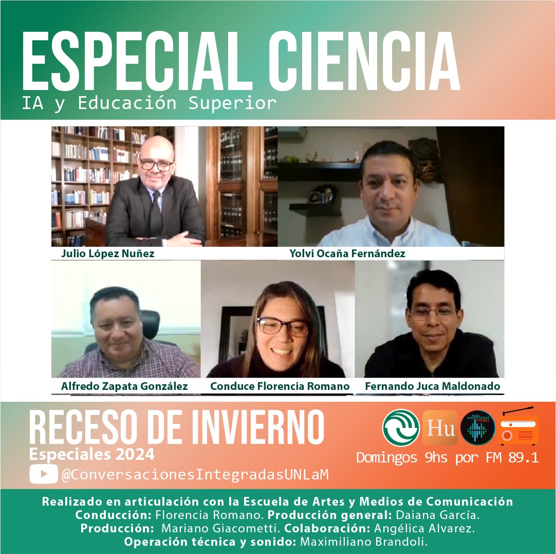 La IA llegó para quedarse. Exploramos su impacto, el rol del docente y la ética en su uso. Exp: 🇲🇽 Alfredo Zapata 🇵🇪 Yolvi Ocaña 🇪🇨 Fernando Juca 🇨🇱 Julio López. Revivilo este domingo dde las 9 hs en @ConversacionesIntegradasUNLAM y en ru891.com.ar #RecesoInvernalUNLAM