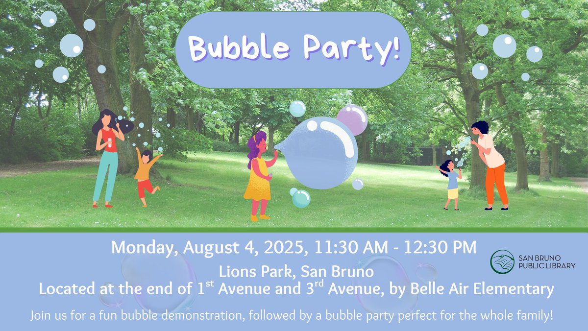 Bubble Party
Monday, August 4, 2025, 11:30 AM - 12:30 PM
@ Belle Air/Lions Park
Located at the end of 1st Avenue and 3rd Avenue, by Belle Air Elementary. Join us for a fun bubble demonstration, followed by a bubble party perfect for the whole family!