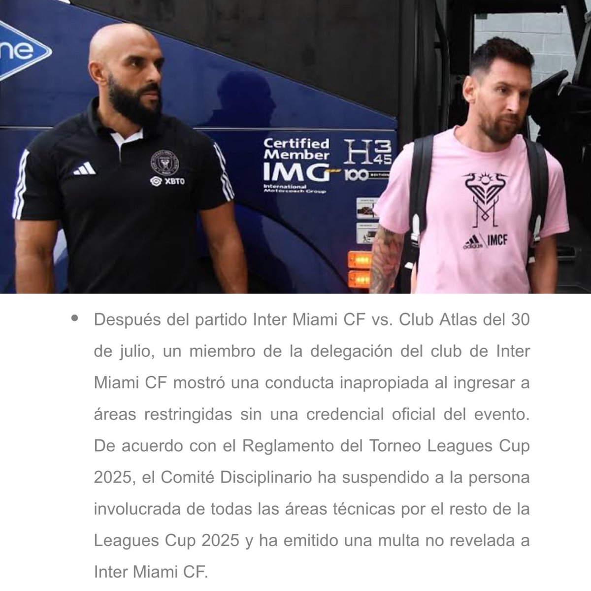 🚨🚨🚨🚨🚨🚨🚨🚨🚨🚨🚨🚨
El guardaespaldas de Messi, Yassine Cheuko fue suspendido de la Leagues Cup, además el Inter de Miami fue multado por el comité disciplinario.