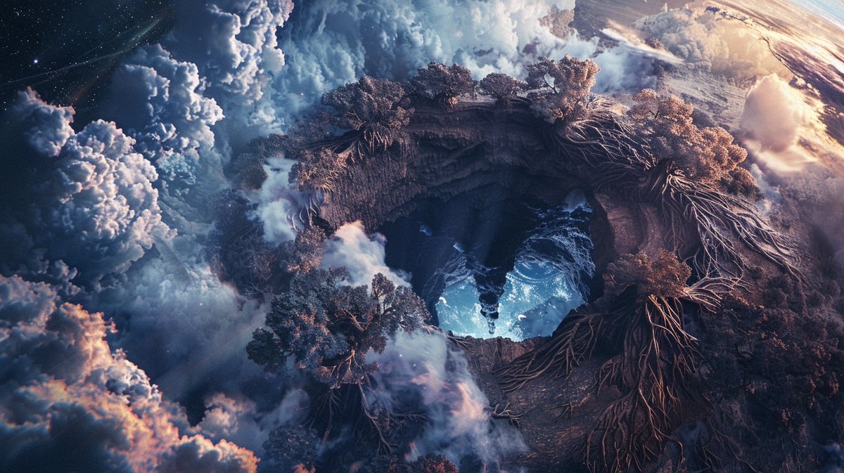 WanderverseAI's tweet photo. 【Planet-028｜Voidroot】

The sky folded into itself where the ancient tree fed.
It didn’t rise—it devoured the heavens.

空が折れ沈んだ。
天へ伸びるのではなく、神樹は空を喰らったのだ。

#AIart #Midjourney #Wanderverse #PlanetLog #FantasyWorld #SurrealArt #SciFiArt #Dreamscape https://t.co/geWFsAIb1k