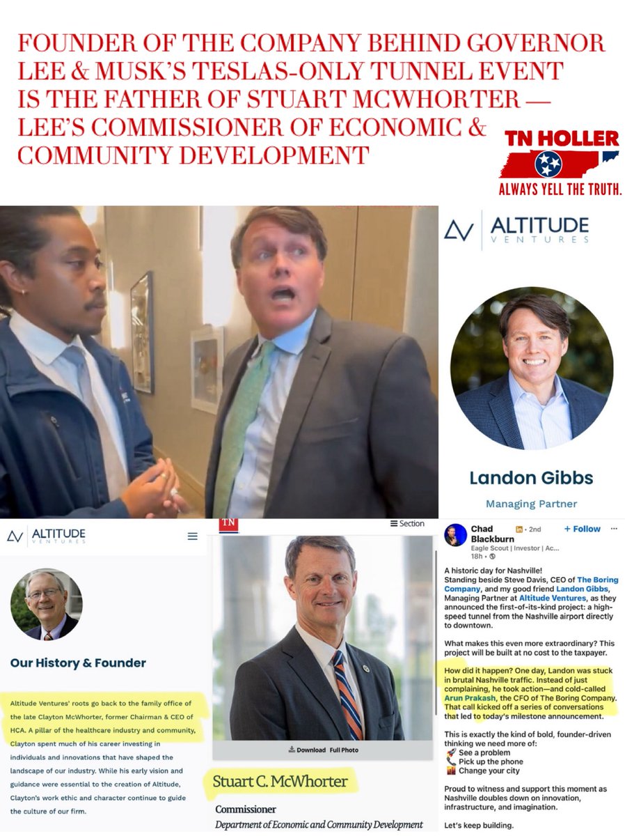 TheTNHoller's tweet image. SCOOP: The founder of Altitude Ventures, the company that ran the Teslas-only Tunnel launch (and wouldn’t ID themselves), is Clayton Mcwhorter… late father of Stuart, @GovBillLee’s Commissioner of Economic Development🤔

(The Boring Company’s TN LLC used their address to file)