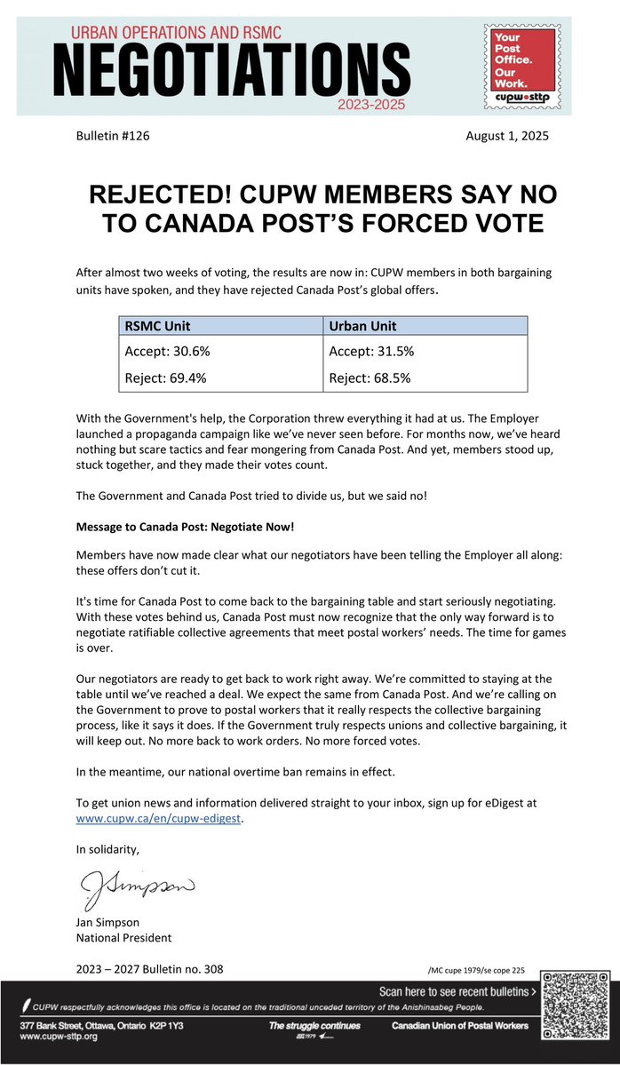 Tony Tracy (@tony_tracy) on Twitter photo Unionized postal workers overwhelmingly reject Canada Post’s “global offers” — 68.5% of urban postal workers & 69.4% of rural and suburban mail carriers vote *NO* in <a href="/PattyHajdu/">Patty Hajdu</a>’s forced ratification vote.
CBC.ca/news/politics/…
#CUPW #canlab #cdnpoli #1u #CanadaPost #canpoli Unionized postal workers overwhelmingly reject Canada Post’s “global offers” — 68.5% of urban postal workers & 69.4% of rural and suburban mail carriers vote *NO* in <a href="/PattyHajdu/">Patty Hajdu</a>’s forced ratification vote.
CBC.ca/news/politics/…
#CUPW #canlab #cdnpoli #1u #CanadaPost #canpoli