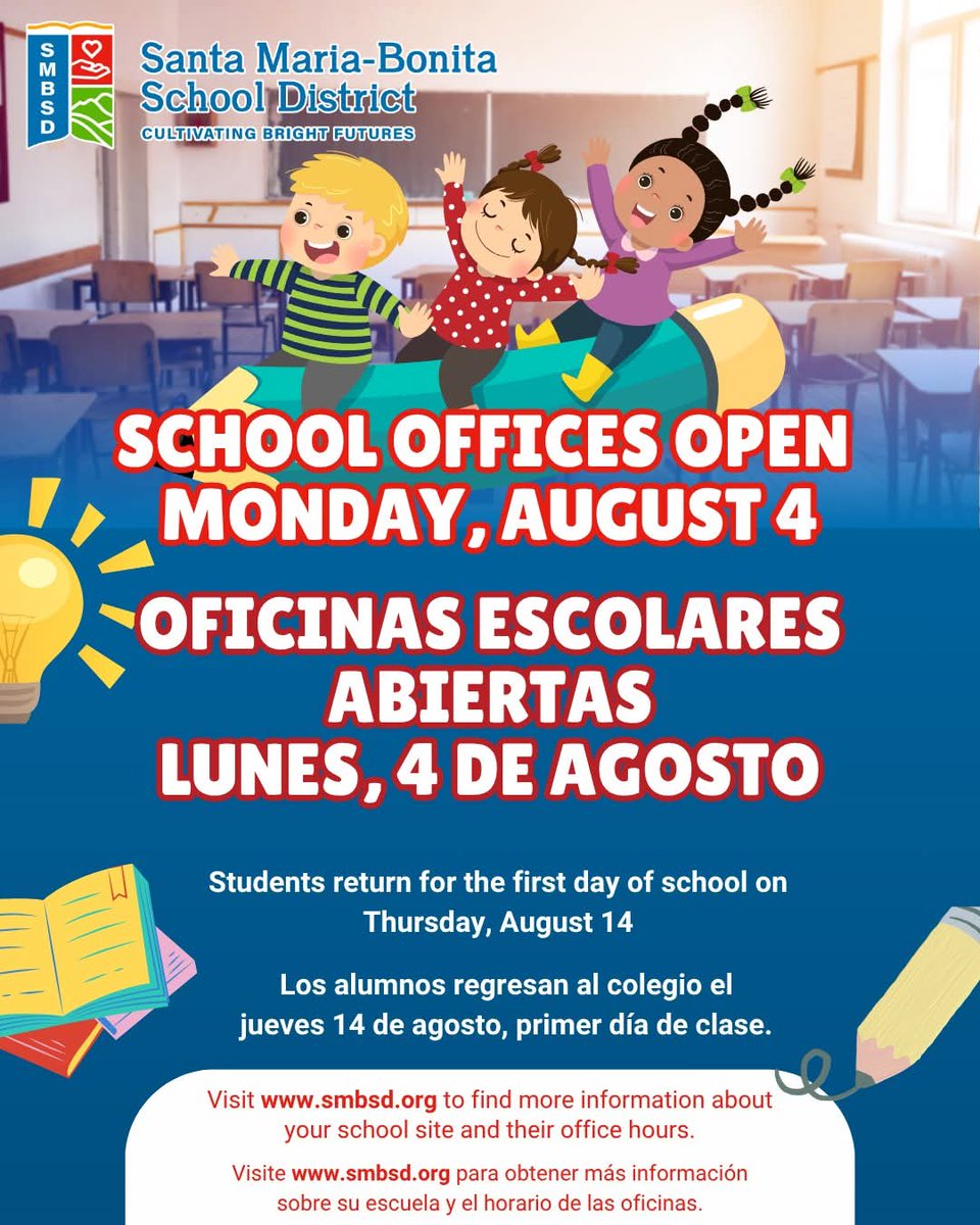 School site offices open this Monday. Aug. 4.