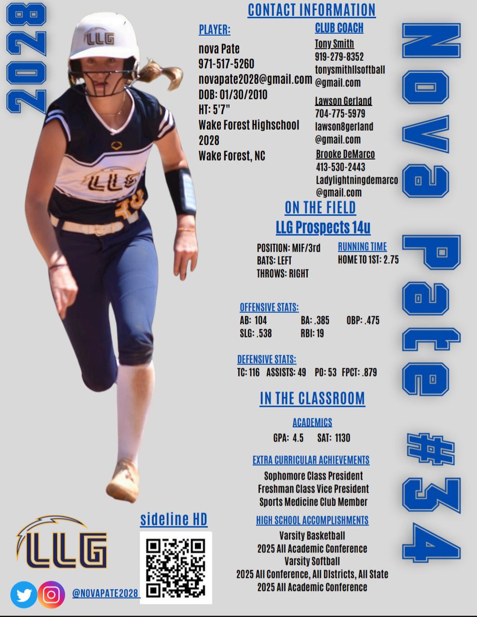 I recently finished up my freshman year at wake forest highschool and my last year in 14u on LLG Prospects! As I am getting closer to the season for recruiting I am posting my resume for any that are interested! @LLGProspects14u <a href="/Org_LLG/">Lady Lightning Gold Org Account</a> <a href="/TonySmi92219285/">Tony Smith</a> <a href="/LawsonGerland/">Lawson Gerland</a>