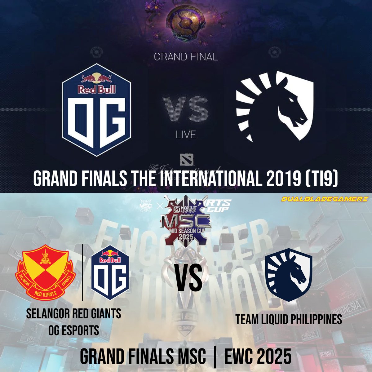 DBladeGamerz's tweet photo. 2 international tournaments, 2 same team (1 collab &amp; 1 bought slot), 2 Grand Finals but in a different timeline, what do you think? @subzidite2 

#MSC2025 #EWC2025 #MLBB #MSCEWC2025 #OGesports #TeamLiquid https://t.co/K5SRuQbLKD