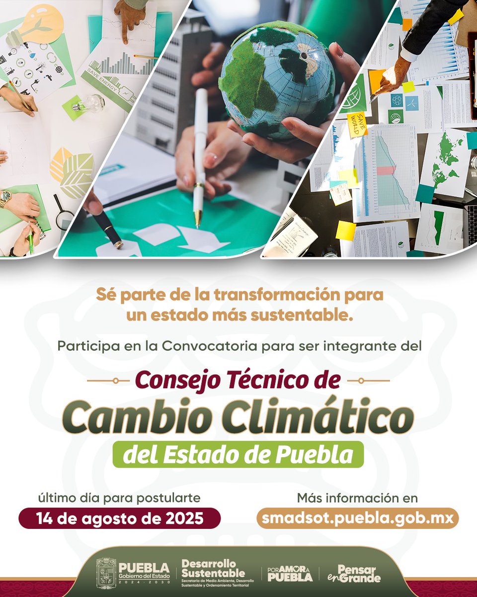 Secretaría de Medio Ambiente (@ambientegobpue) on Twitter photo 🔔 ¡Convocatoria abierta!
¿Formas parte del sector académico, empresarial o de la sociedad civil organizada?
El <a href="/Gob_Puebla/">Gobierno de Puebla</a> te invita a postularte para integrar el Consejo Técnico de #CambioClimático del Estado.
🤝 Tu experiencia puede ser clave para cuidar nuestros recursos 🔔 ¡Convocatoria abierta!
¿Formas parte del sector académico, empresarial o de la sociedad civil organizada?
El <a href="/Gob_Puebla/">Gobierno de Puebla</a> te invita a postularte para integrar el Consejo Técnico de #CambioClimático del Estado.
🤝 Tu experiencia puede ser clave para cuidar nuestros recursos
