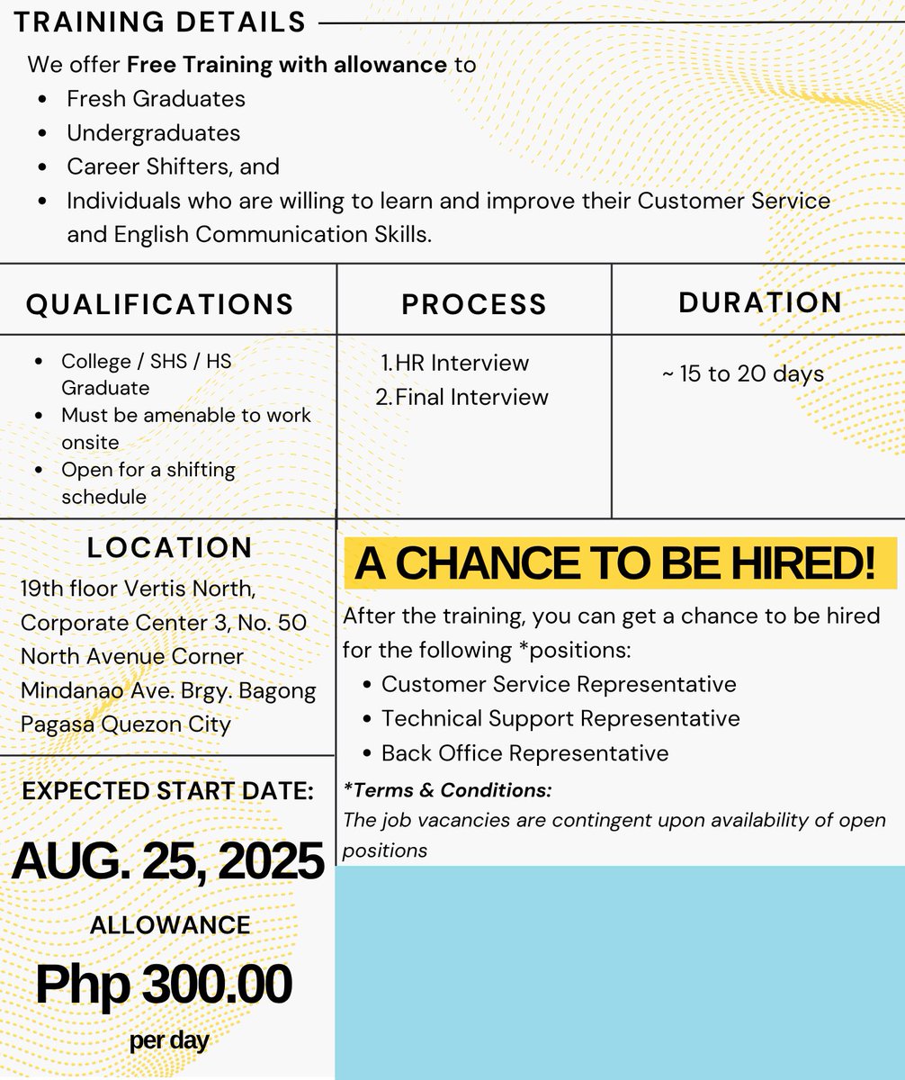 icedkophi's tweet photo. #hiring #paidtraining
We offer FREE TRAINING WITH ALLOWANCE to
♡ Fresh Graduates
♡ Undergraduates
♡ Career shifters, and
♡ Individuals who are willing to learn and improve their Customer Service and English Communication Skills

(see details below)

DM if inch! 🩶 https://t.co/SmJ6yVykKf