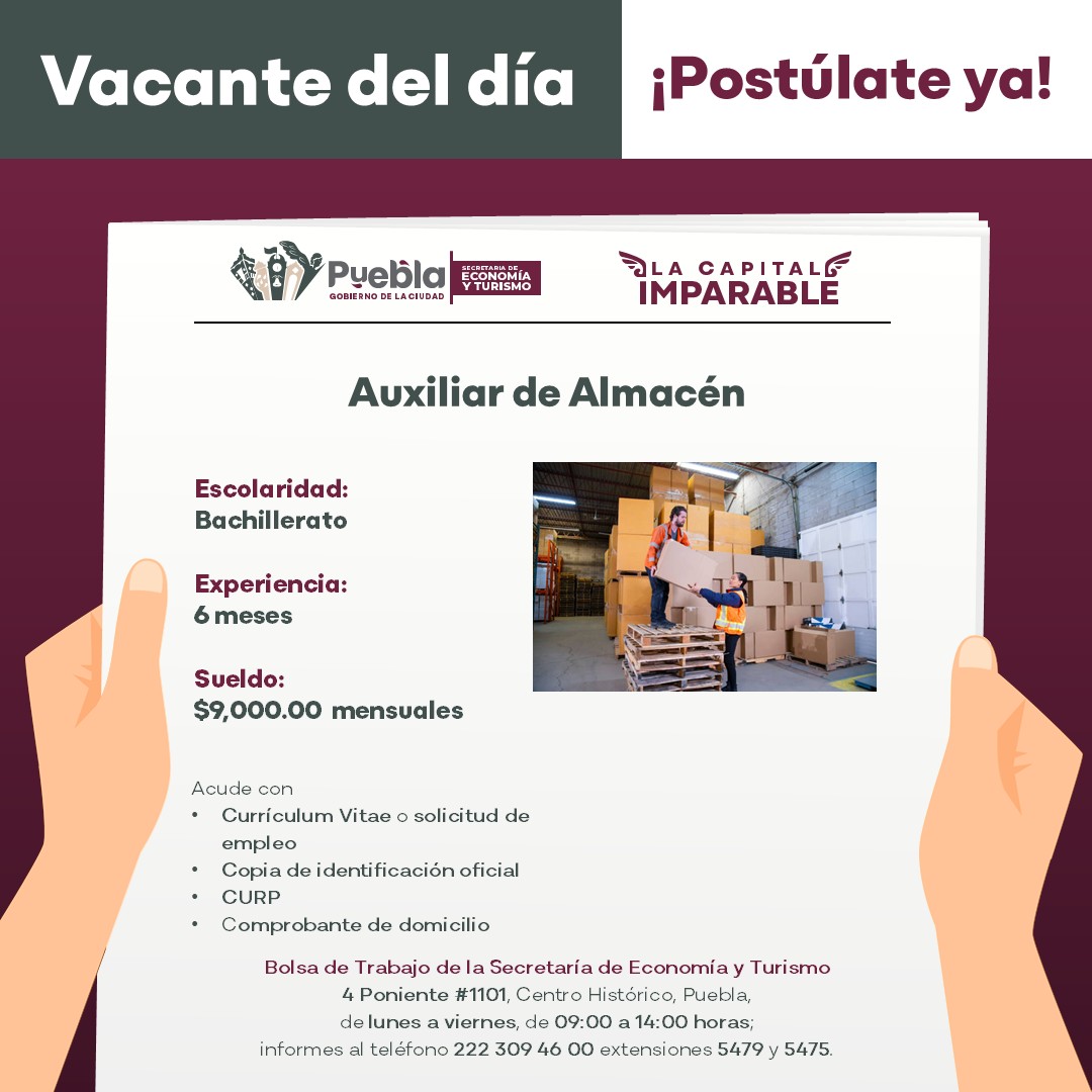 ¡Aquí está la #VacanteDelDía👇!

Cuenta con nosotros para conseguir empleo, te presentamos una oportunidad laboral de nuestra #BolsaDeTrabajo.

Continúa atento a nuestras publicaciones y asiste con todos los documentos📋✅.

#LaCapitalImparable🪽