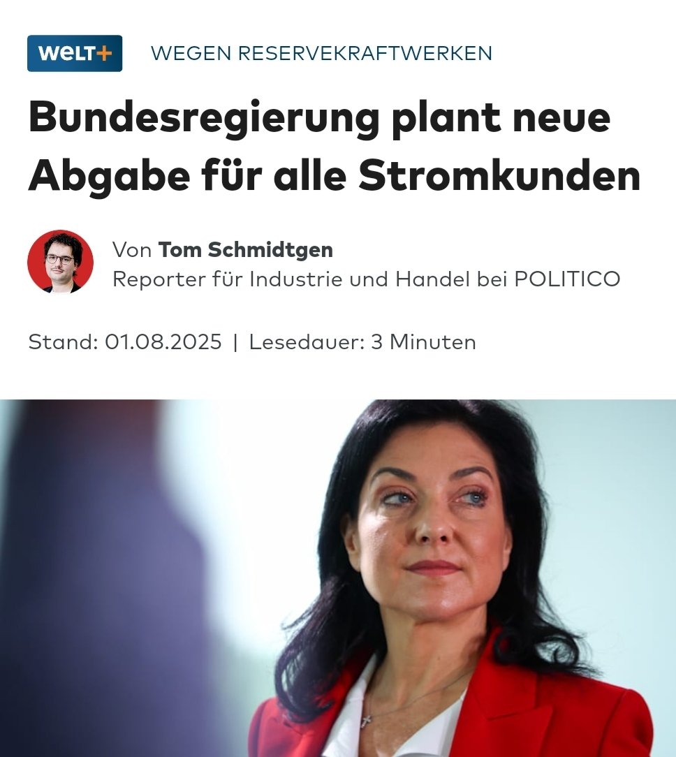 Für die Konzerne gab es noch eine Senkung der Stromsteuer, für die Bevölkerung war schon "kein Geld mehr da".

Jetzt soll die Bevölkerung mit einer zusätzlichen Abgabe auf Strom auch noch #Reiche's Gaskraftwerke finanzieren.

Mit der #Merz-#CDU/#CSU wird Energie teurer.
/PM