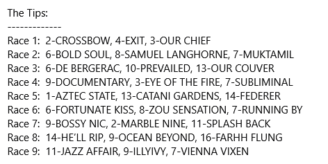 Turf Deli (@turfdeli) on Twitter photo Tips + suggested bets Aurie’s Star Flemington 02/08/2025
WIN R2 6-BOLD SOUL
E/W R7 9-BOSSY NIC
E/W R8 14-HE’LL RIP, QUIN 5,9,11,14,16
E/W R9 11-JAZZ AFFAIR
QUIN R3 1,2,6,10,13
QUIN R6 6,7,8
ROUGH R4 7-SUBLIMINAL
More at facebook.com/TurfDeli Tips + suggested bets Aurie’s Star Flemington 02/08/2025
WIN R2 6-BOLD SOUL
E/W R7 9-BOSSY NIC
E/W R8 14-HE’LL RIP, QUIN 5,9,11,14,16
E/W R9 11-JAZZ AFFAIR
QUIN R3 1,2,6,10,13
QUIN R6 6,7,8
ROUGH R4 7-SUBLIMINAL
More at facebook.com/TurfDeli