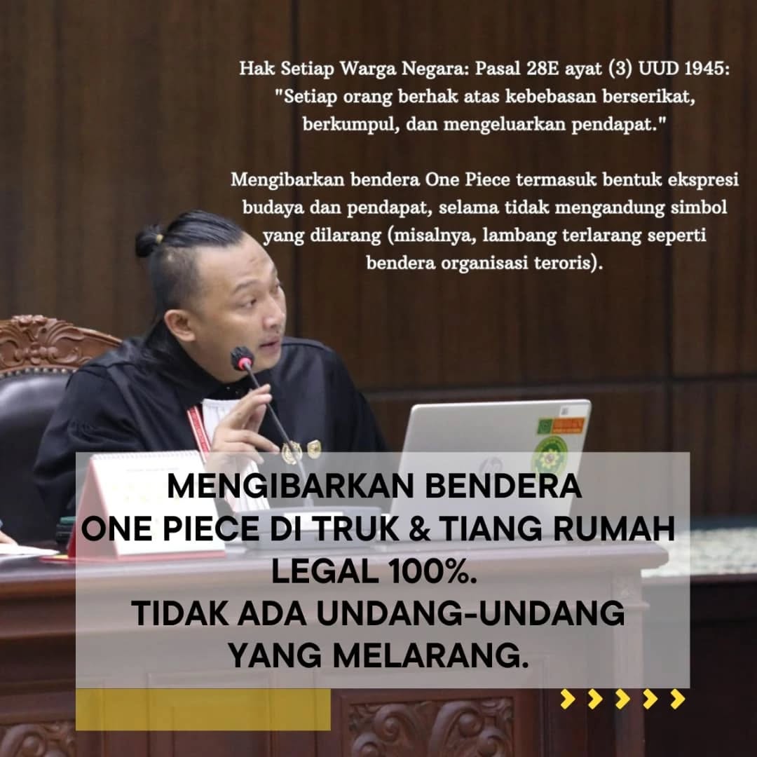 Sebarkan po, kibarkan bendera one piece ga melanggar UU, apalagi kalo disebut makar, makar ndasmu.
Lawan 🔥

MENGIBARKAN BENDERA ONE PIECE DI TRUK &amp; TIANG RUMAH LEGAL 100%.
TIDAK ADA UNDANG-UNDANG YANG MELARANG.