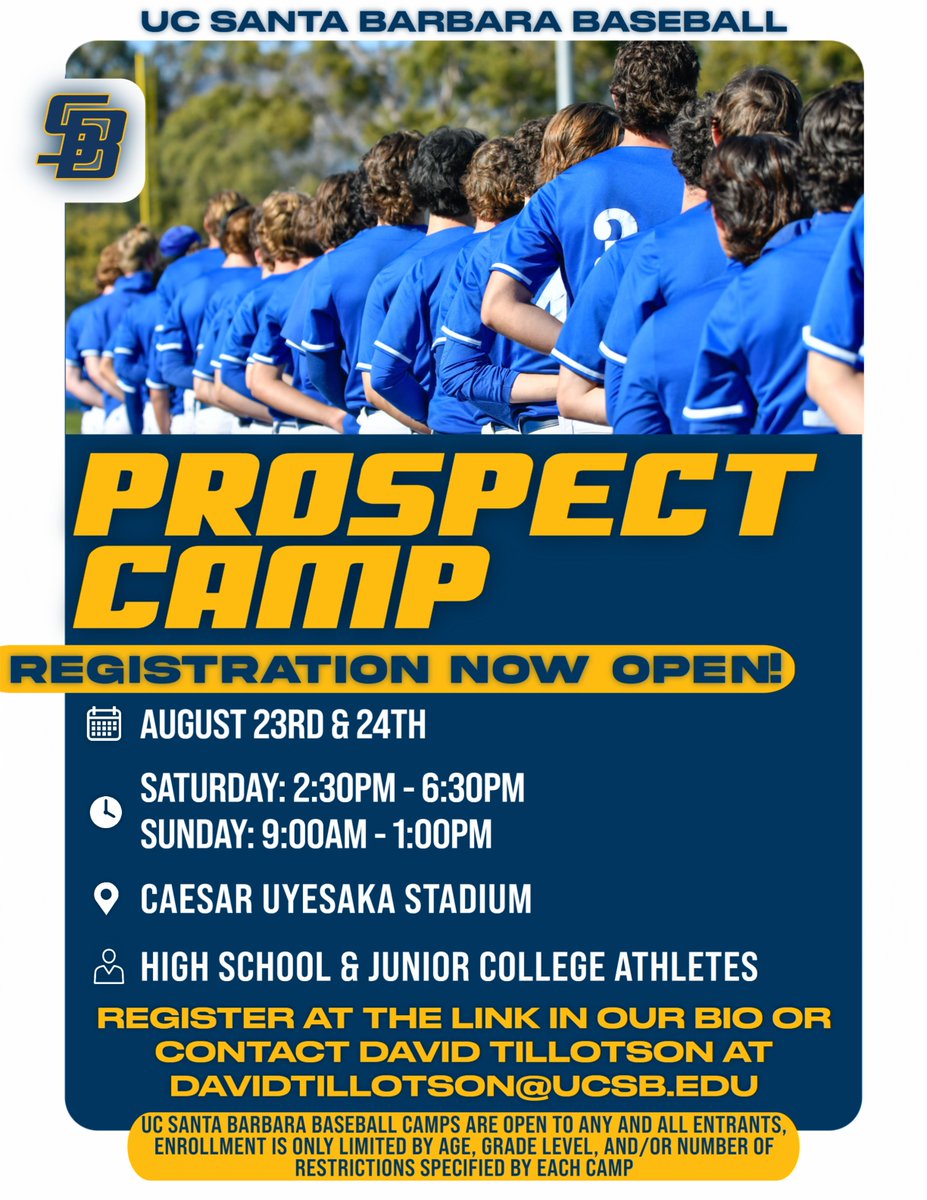 Let’s see what you got. 👀 

Registration is open for our summer Prospect Camp! We’re looking for high school and junior college athletes that want to showcase their skills August 23-24. Sign up at the link below or visit the link in our bio! 

ucsbbaseballcamps.totalcamps.com/shop/EVENT

#GoChos