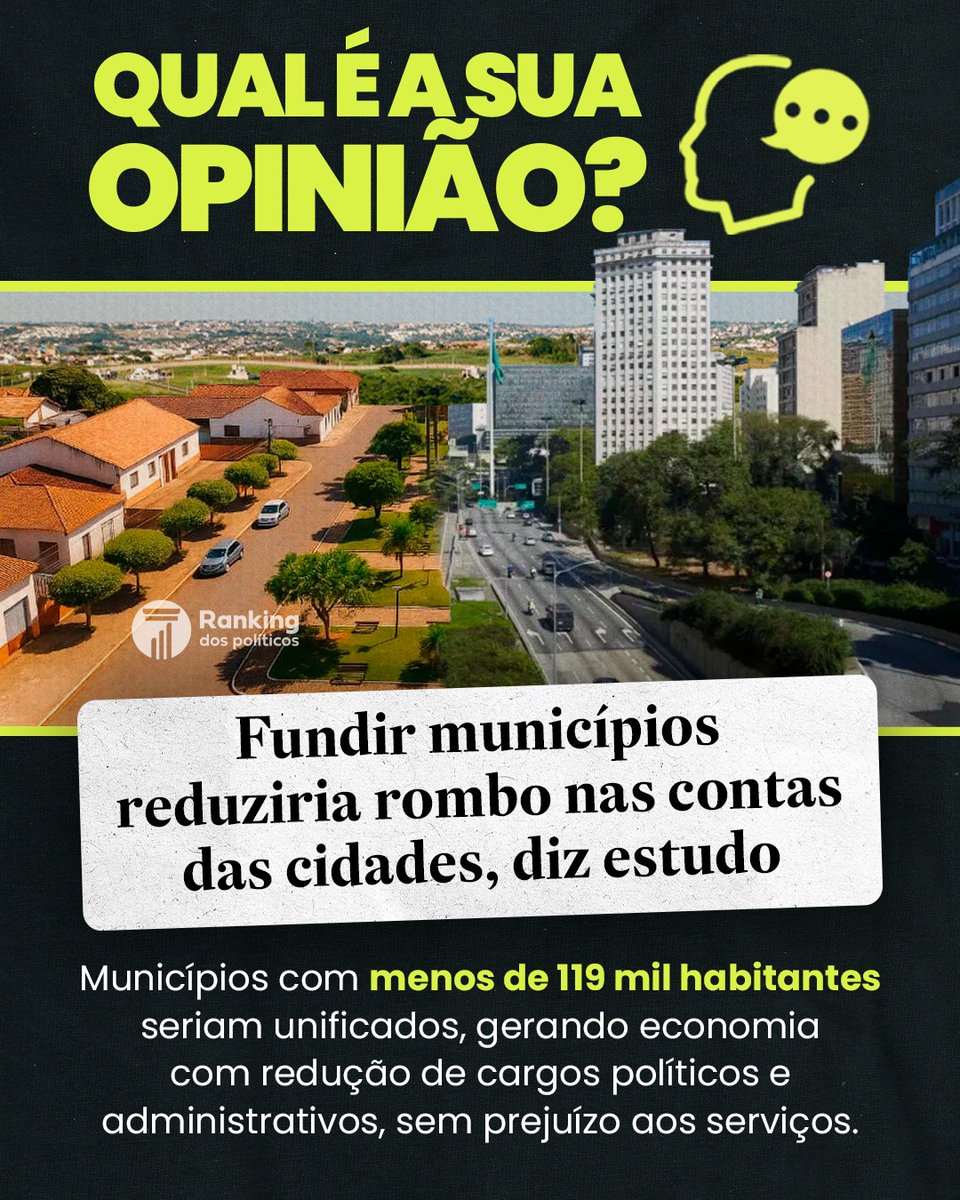 RankPolitico's tweet photo. Qual é a sua opinião?

Uma proposta polêmica voltou ao debate: a fusão de municípios com menos de 119 mil habitantes. Segundo estudo, a medida poderia reduzir o rombo nas contas públicas municipais — unificando cidades pequenas e enxugando a máquina administrativa.

👥 Cargos políticos e estruturas duplicadas seriam eliminados, gerando economia sem comprometer os serviços à população.

💰 Menos cabide de emprego, mais eficiência na gestão dos recursos.
💡 Será que é hora de repensar o tamanho do Estado local?

Comente o que você acha 👇