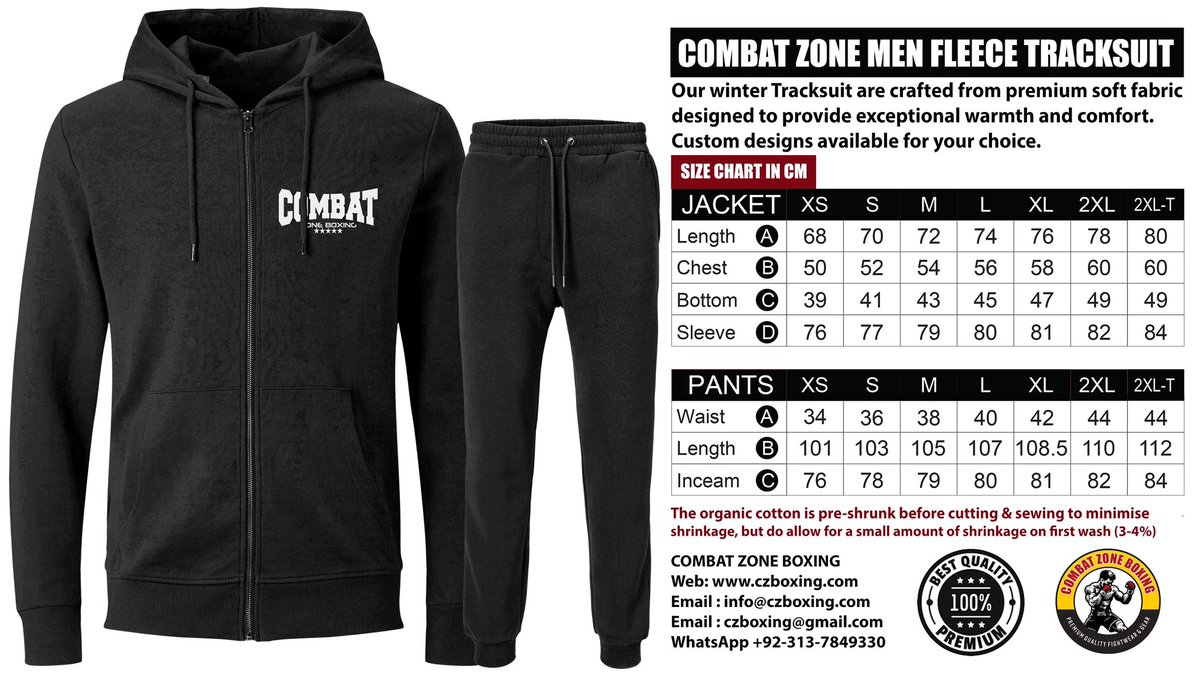 Elevate your athletic and casual wardrobe with Combat Zone Boxing's high-quality custom tracksuits. Designed for both performance and style, these tracksuits allow you to create a personalized look that reflects your unique identity.