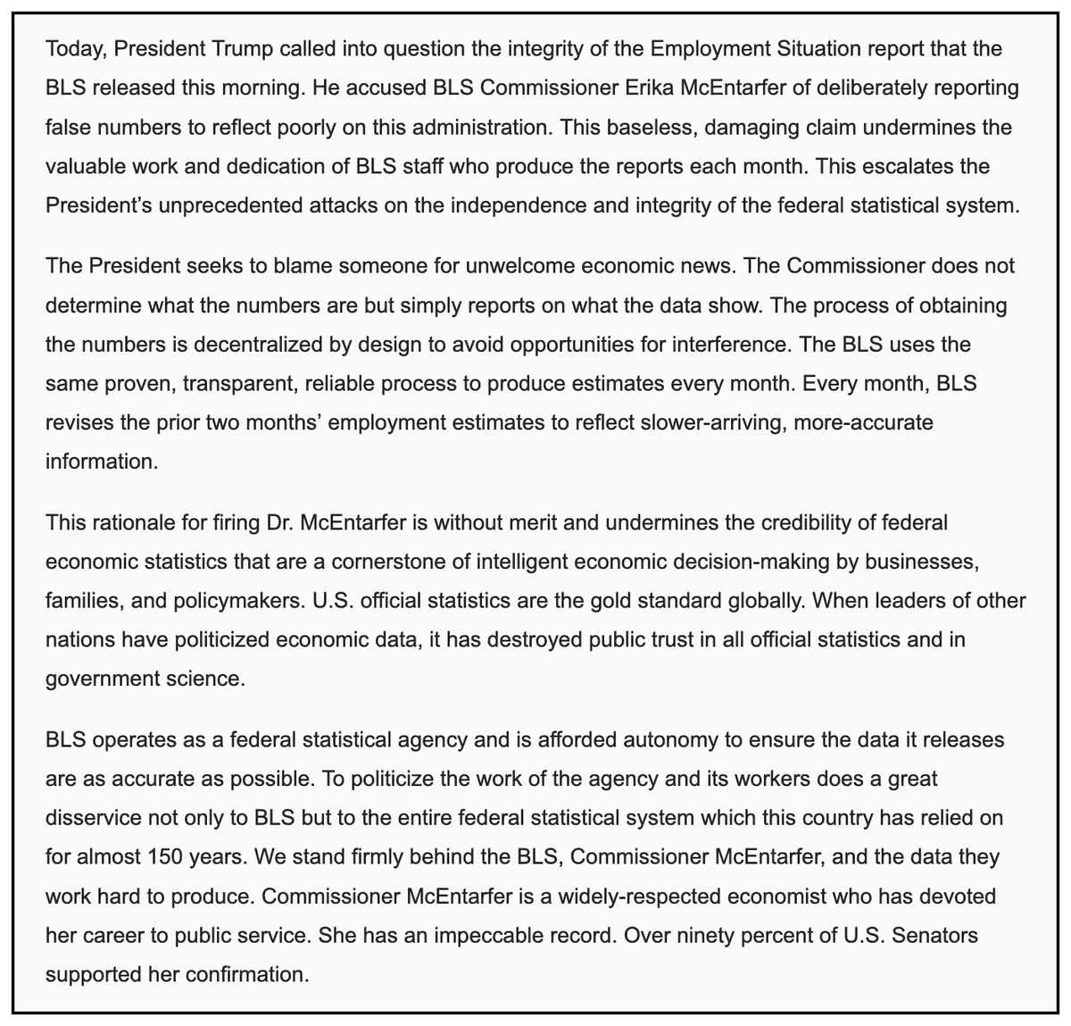 Statement on Commissioner McEntarfer’s Removal by her predecessor, William Beach.

friendsofbls.org/updates/2025/8…

"The President seeks to blame someone for unwelcome economic news. The  Commissioner does not determine what the numbers are but simply reports  on what the data show."