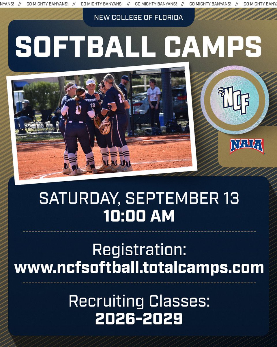We are LIVE! ☀️

Come camp with us. Athletic facilities tour, recruiting Q &amp; A, practice session and a modified scrimmage game. 

A chance for you to get an incredible education, play softball &amp; live near America’s best beaches. 

ncfsoftball.totalcamps.com/About%20Us

<a href="/ncfbanyanssb/">NCF Softball</a>